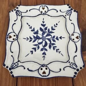Hand Painted Reticulated Ceramic Dish Portugal Signed  Blue & White Floral